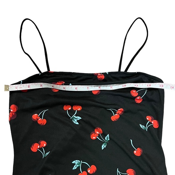 Black & Red Cherry Print Square Neck Thin Bungee Strap Tank Bodysuit - Picture 4 of 5